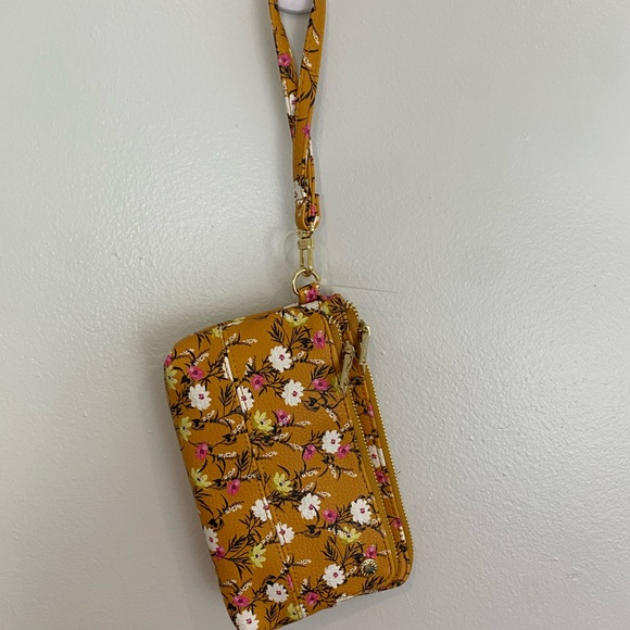 Steve Madden Floral Wristlet Handbag Purse in Mustard Yellow with two zippers - Picture 2 of 7